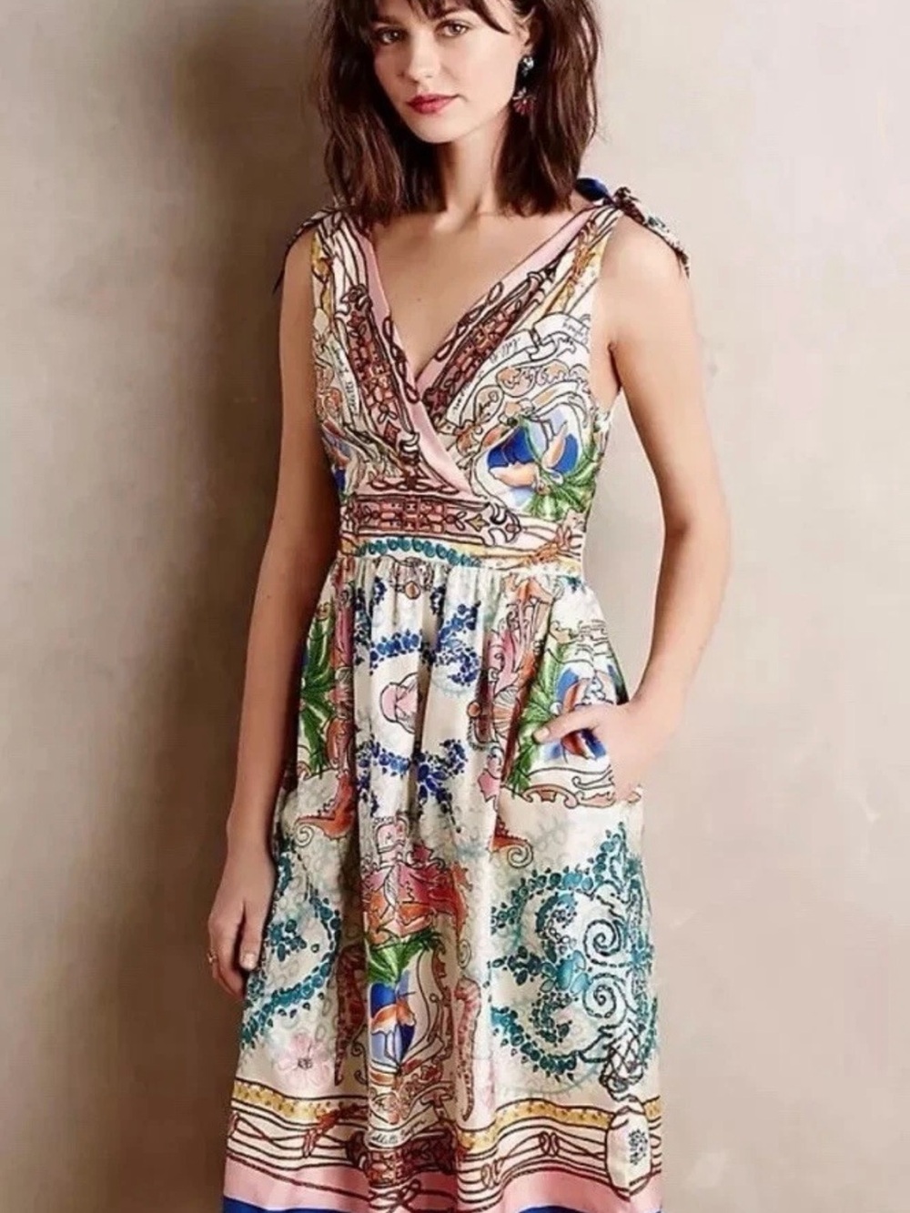 Anthropologie V-Neck Tie Shoulder 100% Ancionna Silk Dress Size 2